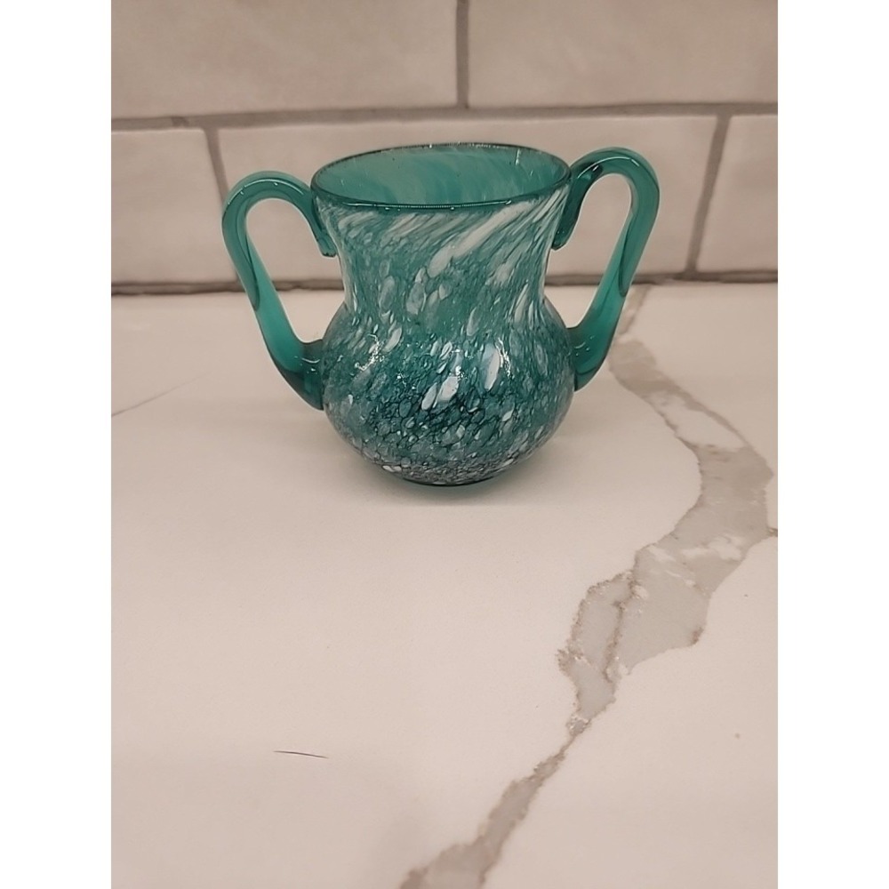 Rainbow Glass Hand Blown‎ Green Teal Spatter Art Glass Sugar Bowl With Handles